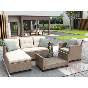 Set di Mobili da Giardino in Rattan Beige e Marrone, 4 Pezzi, Divano Componibile con Cuscini per Conversazione all'Aperto - Product Image 1
