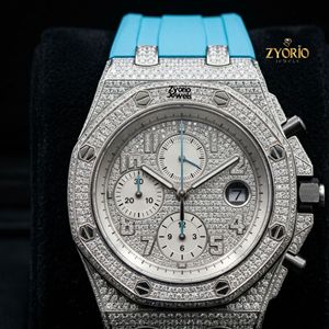 Luxury Iced Out Moissanite <b>Chronograph</b> Watch Full Stone Set Bezel Case Silver Tone Dial Blue Rubber Strap <b>Automatic</b> Mechanical - Product Image 5