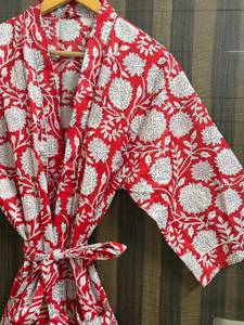 Bata Kimono de Algodón con Estampado Floral Rojo para Mujer |   Bata de Baño Transpirable con Cuello en V y Cordón Ajustable, Estampado Digital, Manga 3/4 |   Ligero para el Verano - Product Image 6