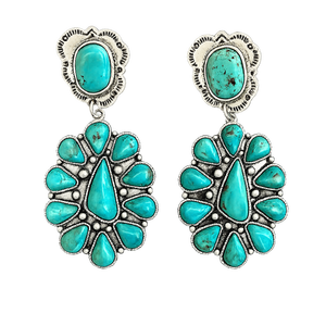 Boucles d'oreilles pendantes vintage en argent avec grappe de fleurs turquoise, style chrétien occidental, bijoux statement - Product Image 3