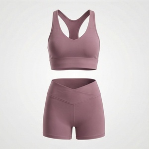 <b>Women's</b> 2 Piece Sports Set Solid Color High Waisted Shorts and Criss-Cross <b>Back</b> Crop Top Breathable Activewear for All Seasons - Product Image 1