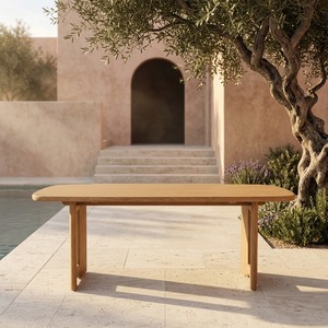 Table de salle à manger de patio en teck massif de 200 cm, base sur pieds architecturaux, plateau à lattes, résistante aux intempéries, table de terrasse extérieure - Product Image 1