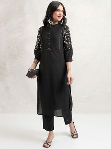 Black Cotton Quick Dry Knee-Length <b>Kurta</b> Set Embroidered Sleeves Pleated Front <b>for</b> <b>Women</b> Casual Summer Wear India Pakistan Style - Product Image 1