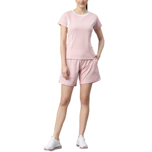 Ensemble de shorts sportifs roses pour femmes, 2 pièces, séchage rapide, tricoté, col rond, manches courtes, coupe régulière, vêtements de sport printemps-été - Product Image 1
