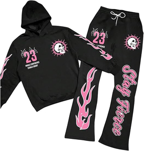 Conjunto de chándal con capucha y estampado de calavera, estilo streetwear, negro y rosa con llamas, el más demandado, con logo personalizado, para adultos, para otoño. - Product Image 2