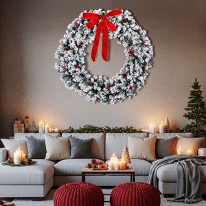 48in Pre-Lit Snow Flocked Christmas Wreath 150 Warm White Lights Artificial Xmas Wreath 450 PVC Tips Christmas Garlands Wreaths - Product Image 4