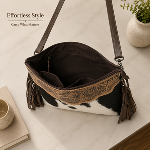 Western Hair-On Cowhide Leather Crossbody Bag Hand Tooled Floral Shoulder <b>Purse</b> <b>with</b> Fringe Genuine Leather Travel Handbag Women - Product Image 2