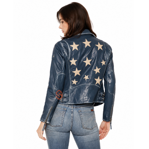 Blouson de motard pour femme en cuir de mouton véritable, bleu marine, avec patch étoile, en cuir d'agneau véritable ciré à la main, ceinturé, style cowgirl - Product Image 1