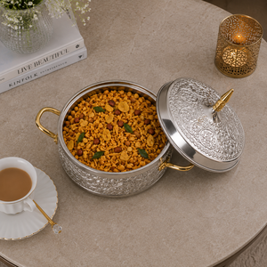 Casserole isotherme de luxe en acier inoxydable gaufré avec poignées dorées, plat de service alimentaire sécurisé, ustensile de cuisine haut de gamme - Product Image 4
