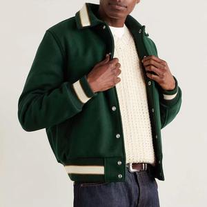 Chaqueta Varsity Verde para Hombre, Estilo Preppy, Cuello Camisero, Corte Regular, Color Sólido, Mezcla de Lana y Poliéster, para Otoño - Product Image 2