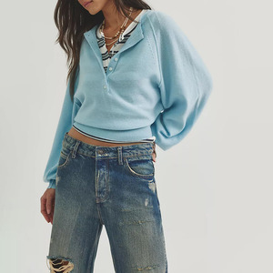 Breathable Women's Luxury Light Blue Knitted <b>Cardigan</b> Lantern Sleeve Crop Top Button Up Collar Preppy Style Knit Henley Sweaters - Product Image 1