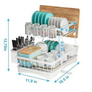Égouttoir à vaisselle à 2 niveaux avec porte-couverts et paniers à ustensiles, égouttoir en métal blanc pour la cuisine - Product Image 4