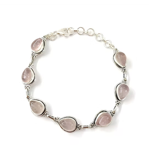 Elegant 13.4 Grams 925 Sterling Silver Multi-<b>Rose</b> <b>Quartz</b> Water Drop Gemstone Chain & Link <b>Bracelet</b> For Unisex - Product Image 1