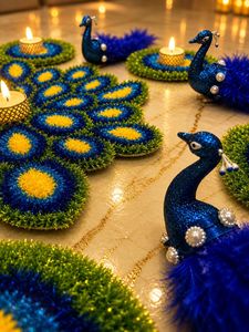 Handmade Peacock Tealight Candle Holder Set Decorative Peacock Diya Stand Blue Feather Festival Decor Rangoli <b>Tea</b> <b>Light</b> Holder - Product Image 2
