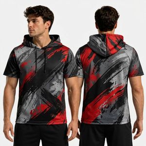 Black Red Diagonal Strike Hooded <b>T</b> <b>Shirt</b> Premium <b>Polyester</b> Sublimation Quick Dry Half Sleeve Training <b>Shirts</b> - Product Image 1