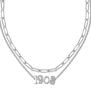 Silver 1908 Layered <b>Necklace</b> with Number Pendant Double Link Chain Elegant <b>Statement</b> Women Fashion Jewelry Everyday Party - Product Image 1