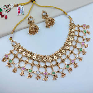 Designer Crystal Bridal Necklace <b>Set</b> with <b>Pearl</b> and Pota Stone Trendy Gold Plated Fine <b>Jewelry</b> - Product Image 1