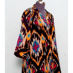 Luxury Indian Cotton Digital Printed ikat Pattern Evening Bridal V-Neck 3/4Sleeve Midi long shirt <b>Dress</b> for Women Eco-Friendly - Product Image 5