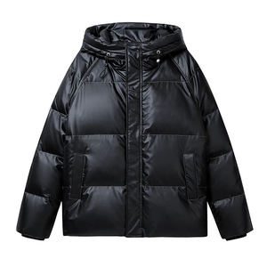Men's Black Hooded Puffer <b>Jacket</b> Windproof Thick Polyester Winter Coat Casual Loose Fit Zipper Closure Solid Color - Product Image 1