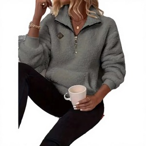 Damen Grauer Fleece-Pullover mit Reißverschluss Halb-Zip Kapuzenpullover Langarm Winter-Oberteil Umweltfreundlich Winddicht Günstiger Preis - Product Image 5