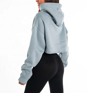 Sweat-shirt à capuche court pour femme, bleu clair, coupe oversize, épaules tombantes, en molleton, couleur unie, décontracté, manches longues, pour l'automne - Product Image 4