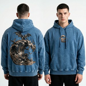 Custom Mint Green Hoodie Men Sea Tower Graphic Pullover Sweatshirt <b>Distressed</b> Hem Vintage Wash Hoody Oversized Streetwear <b>Top</b> - Product Image 2