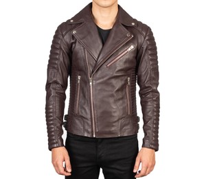Chaqueta de Motociclista de Cuero Genuino Marrón para Hombre, de Alta Calidad, Corte Ajustado, Cuello Camisero, Cierres Frontales, Forro de Poliéster - Product Image 1