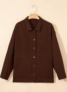 Brown <b>Canvas</b> Shirt <b>Jacket</b> Turn-down Collar Button Front Casual Style Loose Fit Autumn Wear Unisex Regular Sleeve - Product Image 3