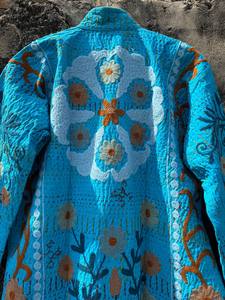 Handcrafted Breathable Cotton <b>Kantha</b> Suzani Embroidered Stand Collar Long <b>Jacket</b> Ethnic Boho Chic Casual Layering Outerwear - Product Image 6