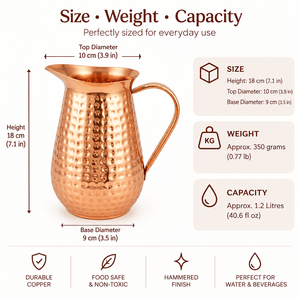 Pichet à eau en cuivre pur martelé fait main, grande capacité, récipient de stockage d'eau en cuivre pour les bienfaits ayurvédiques et le service - Product Image 5