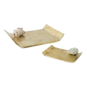 Luxury Hammered Brass Wavy Edge Rectangular Tray Gold on Wood Base Decorative Serving Platter Home Tabletop Vanity Display - Product Image 1