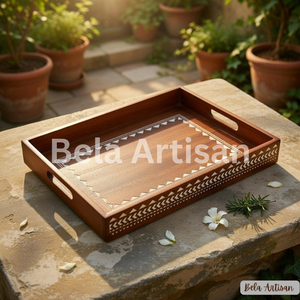 Bandeja de Servir de Madera Hecha a Mano con Incrustaciones de Hueso, Diseño Geométrico, Estilo Moderno de Mediados de Siglo, para Bodas y Diwali - Product Image 3