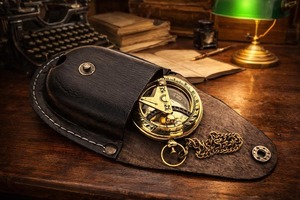 Pocket Polish MAGNESIA Sundial <b>Compass</b> Vintage Leather Case <b>Chain</b> Push Open 5.08 cm Steampunk Accessory Beautiful Gift - Product Image 2