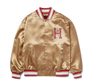 Gold Satin Varsity <b>Jacket</b> Men Preppy Style Embroidered Letter H Front Regular Fit Autumn Wear - Product Image 1