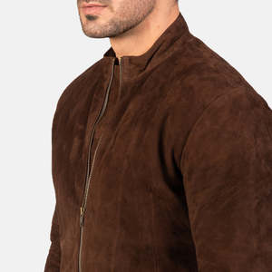 OEM Winter Green Genuine Leather Hooded <b>Suede</b> Bomber <b>Jacket</b> Men's Casual Stand Collar Zipper Closure Windproof Breathable - Product Image 5