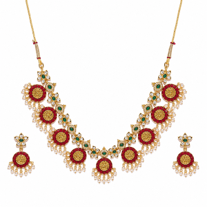 Parure de bijoux ethniques plaquée or en alliage de zinc, comprenant collier ras-du-cou, boucles d'oreilles et coiffe, avec design floral en zircon et perle, certifiée par une tierce partie - Product Image 1