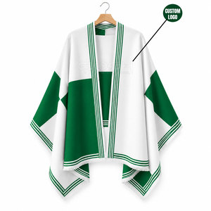 Cosh International Sorority Sisterhood White Green Color Blocking Poncho Batwing Sleeve V-Neck Long Casual Cotton <b>Cape</b> Sweater - Product Image 1