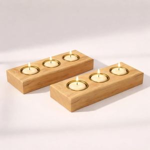 Wooden <b>Tealight</b> Candle <b>Holder</b> with Brass Cups – Handcrafted Decorative Candle Stand for Home - Product Image 1