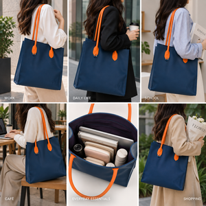Sac fourre-tout en cuir bleu avec longues poignées orange, fermeture éclair, design personnalisé avec logo et lettres - Sac de shopping réutilisable et tendance pour un usage quotidien - Product Image 6