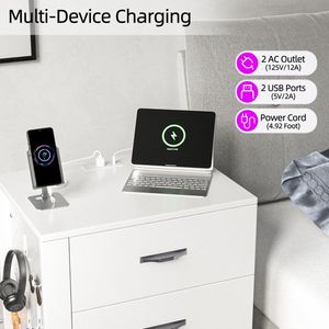 White Right Side 3-Drawer <b>Bedside</b> Nightstand <b>Table</b> RGB <b>LED</b> Charging Station with USB Ports Bedroom Furniture - Product Image 4