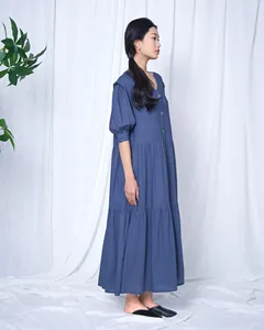 Premium Blue V-Neck Cotton Linen Maxi <b>Dress</b> With Short Sleeve <b>Loose</b> Fit Button Front Casual Daily Wear - Product Image 2