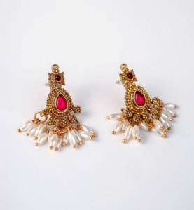 Collar chapado en oro con acabado antiguo, hecho a mano, con piedra roja y perlas, estilo Guttapusalu, gargantilla para novias, bodas, compromisos y fiestas. - Product Image 5