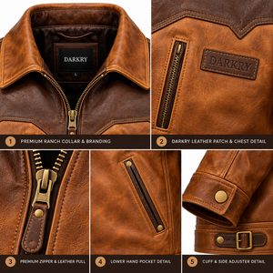 Whiskey Tan <b>Leather</b> Western Ranch <b>Jacket</b> <b>Mens</b> Dark <b>Brown</b> Yoke Waist Buckle Adjuster Custom OEM ODM Offer Provide Service Provide - Product Image 6
