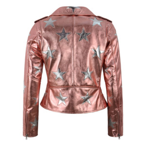 Custom 100% Premium Napa Pink Metallic Leather BRANDO <b>Jacket</b> <b>Women</b>’s Star Soft Foil Shinny Biker Leather <b>Jacket</b> Premium Hardware - Product Image 3