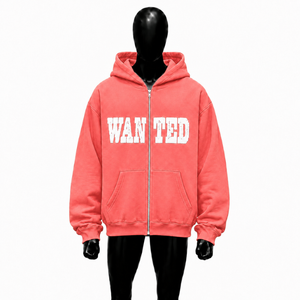 Sweat à capuche zippé rouge corail personnalisé avec motif graphique texturé en relief, coupe oversize, style streetwear, en molleton de coton épais - Product Image 1