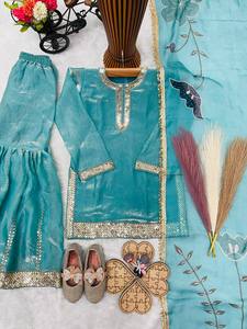 Ensemble Sharara vert pour enfants avec Kurti, Dupatta et tenue ethnique pour les fêtes de mariage des filles - Product Image 4