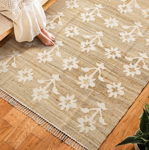 Tapis d'appoint en jute naturel avec franges, tapis rectangulaire à tissage plat floral bohème pour salon - Product Image 1