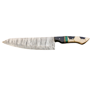Couteau de Chef de Cuisine à Motif Damas Argenté avec Manche Géométrique en Ivoire Noir et Accent Multicolore, Lame Tranchante pour Viande - Product Image 1