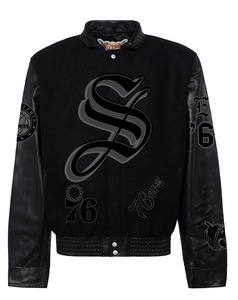 Chaqueta Varsity Philadelphia 76ers de Lana y Cuero Estilo Inglés Antiguo, Color Negro - Product Image 1