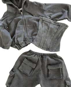 ชุดวอร์มผู้หญิงแบบกำหนดเอง 3 ชิ้น เสื้อแจ็คเก็ตฮู้ดครอปหลวมๆ เสื้อครอปแขนกุด พร้อมกางเกงวอร์มขายาว - Product Image 1